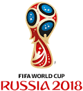 A red and blue soccer ball on top of the world cup logo.
